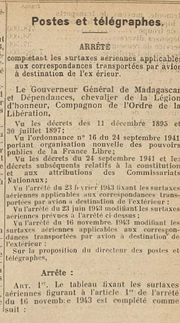 Surtaxe aérienne pour la Réunion 17/12/43