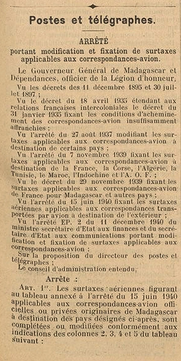Madagascar surtaxes aériennes 21 mai 1941
