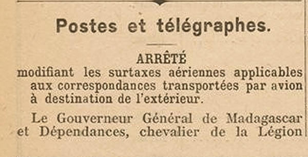 Tarif surtaxes aériennes au départ de Madagascar 23 juin 1943