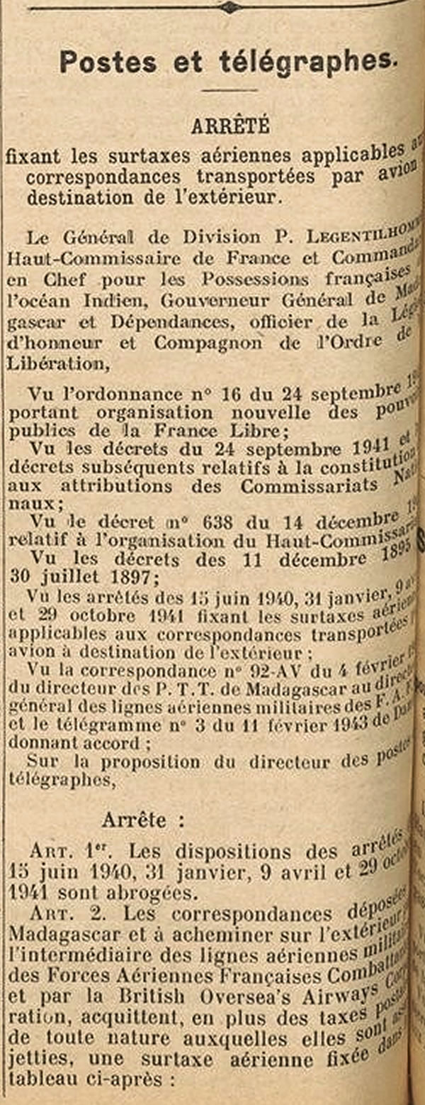 Surtaxes aériennes  23/2/2/43 au départ de Madagascar