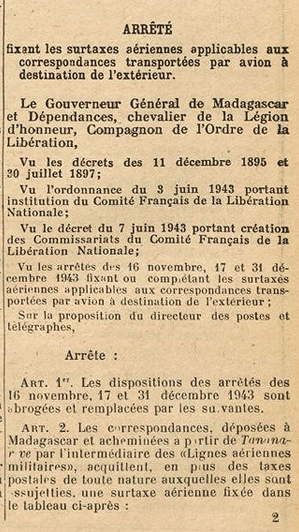 surtaxes aériennes au départ de Madagascar 27/7/44