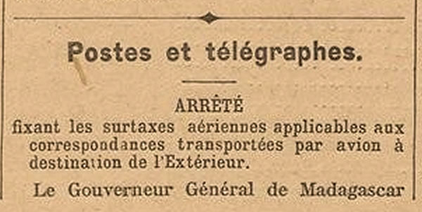 surtaxes aériennes internationales au départ de Madagascar 27/7/45