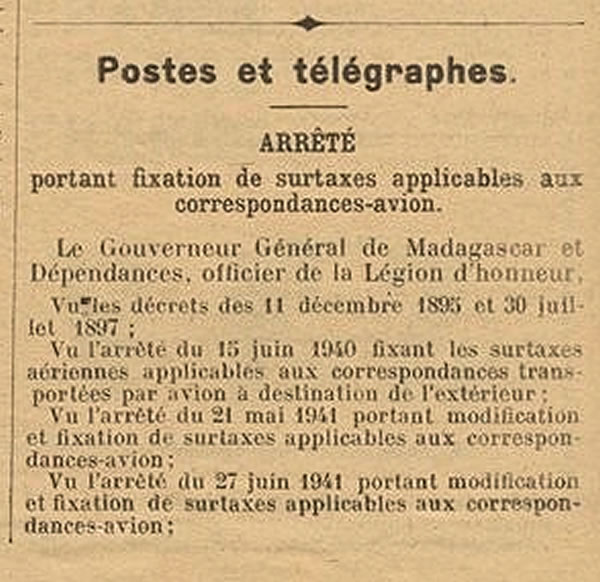 Surtaxes aériennes au départ de Madagascar 29/10/41