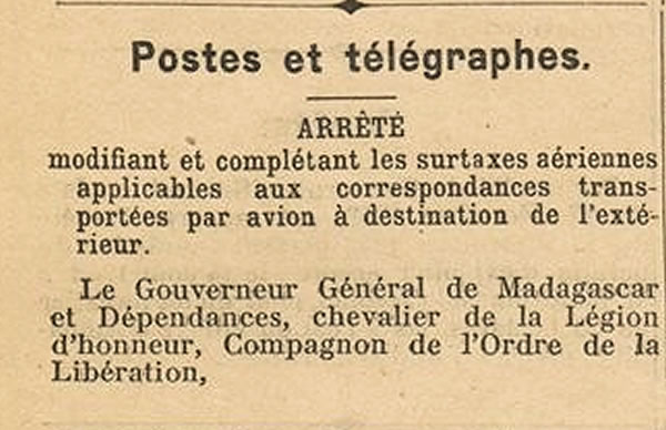 surtaxes aériennes Madagascar 31/12/43