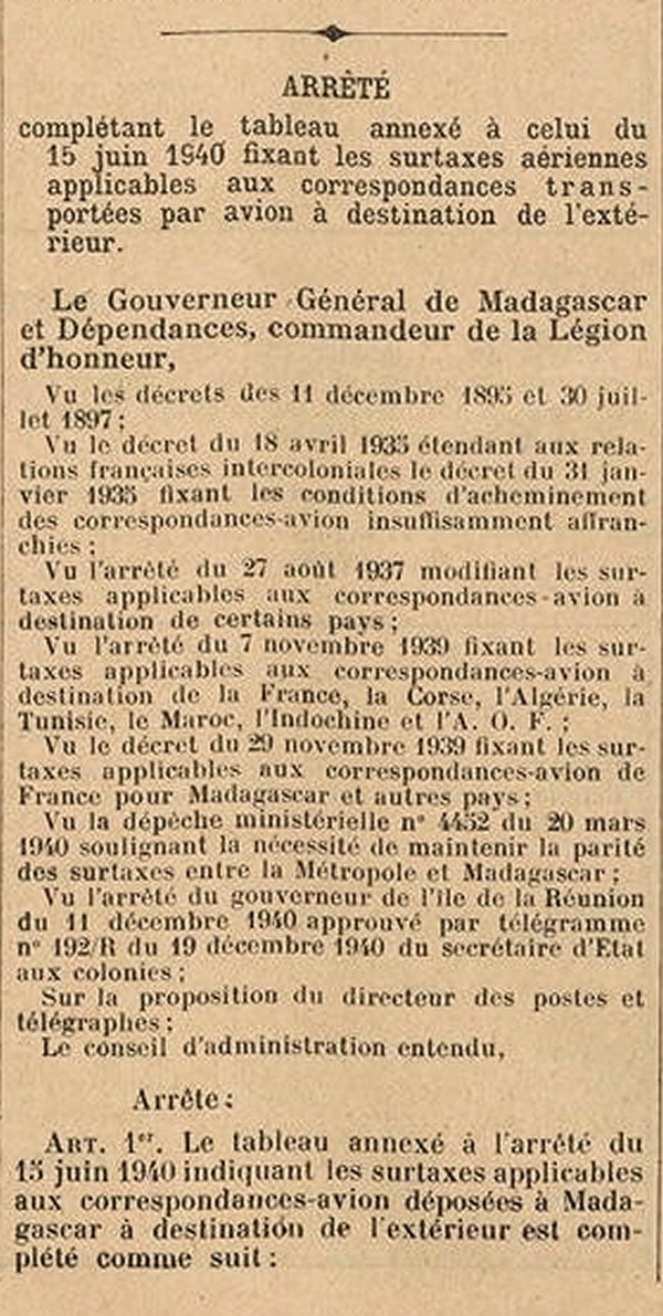 Surtaxe aérienne Madagascar Reunin 31/1/41