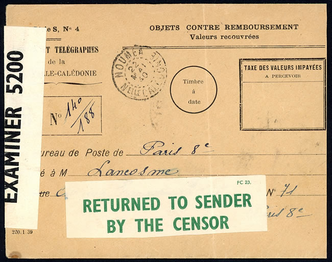 Lettre maritime de Nouméa pour la France retournée à l'envoyeur mai 1940