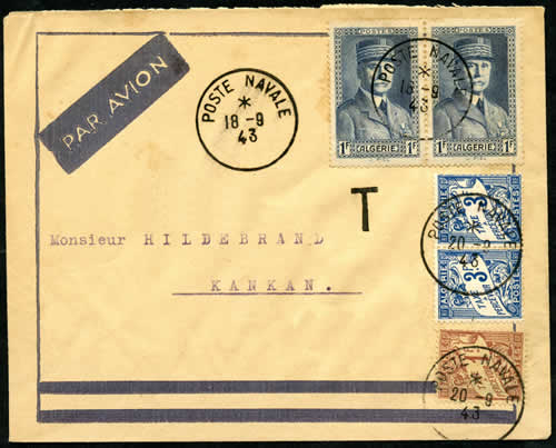 Lettre de poste navale taxée en Guinée avec timbres algériens