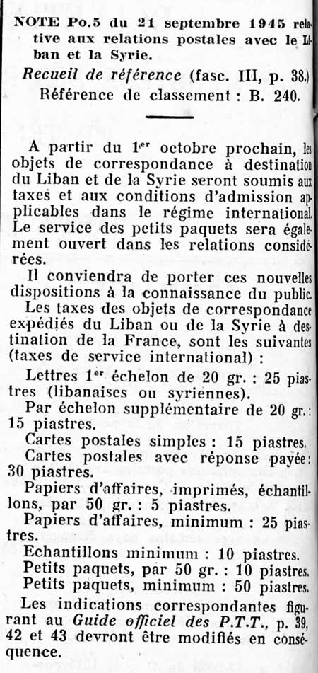 Tarif international applicable à la syrie et au Liban