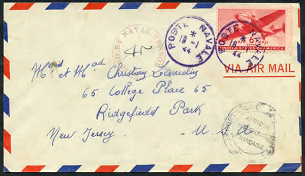 lettre pour les USA du Croiseur Gloire affranchi en timbres US