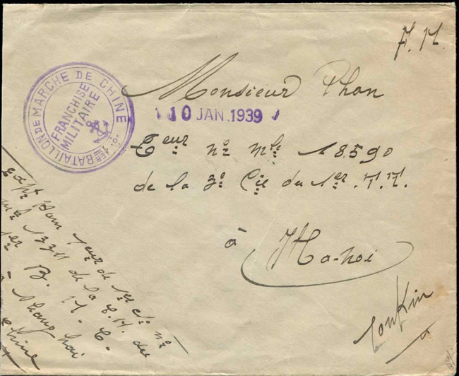 Lettre de 1939 du bataillon de marche de chine pour Hanoi