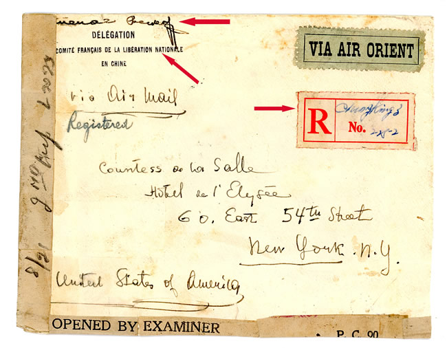 Lettre de la délégation du CFLN à Chongking vers New-york 1944