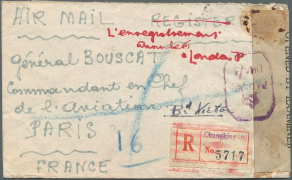 Lettre recommandée de Chunking pour Paris via Londres 1944