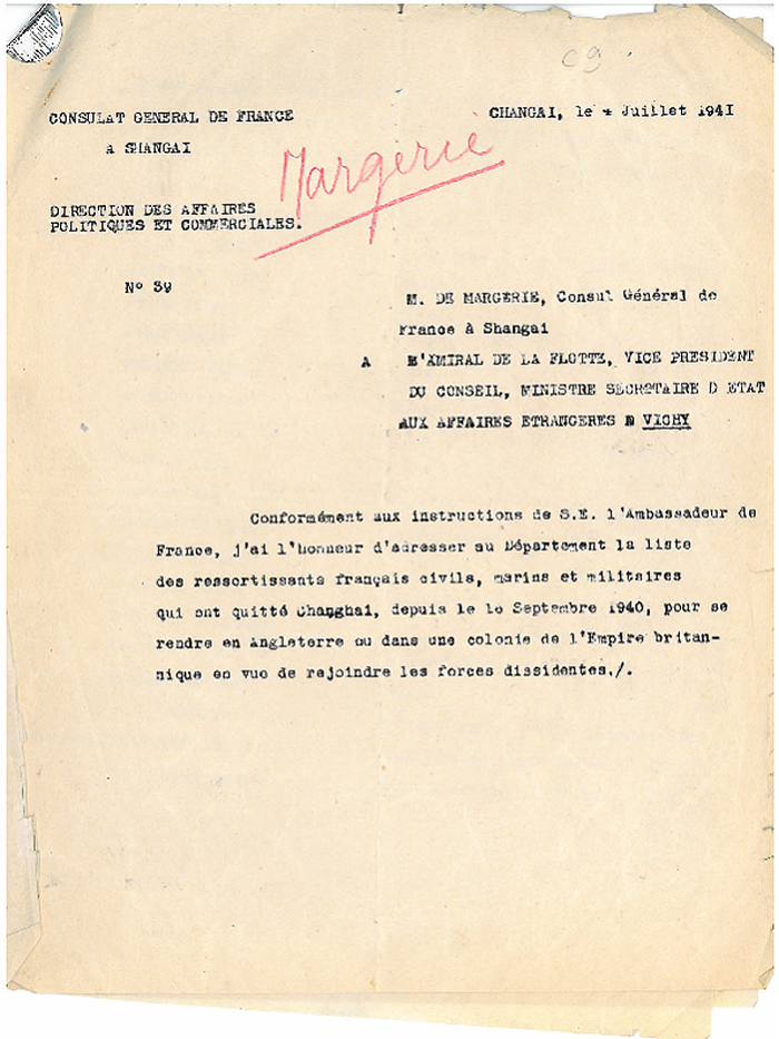 Lettre de l'Ambassade de France à Nankin dénonçant les Français ayant rejoint de Gaulle ou les Britanniques
