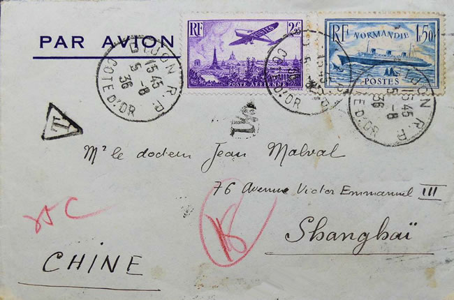 Lettre de Dijon pour Shagnghai par avion-insuffisamment affranchie