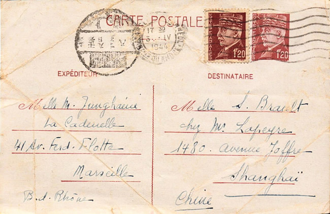 Entier Pétain envoyé en 1944 de Marseille pour Shanghai
