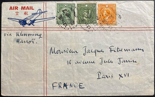 Lettre du consulat de France à Hankow pour Paris via Kunming et Hanoi