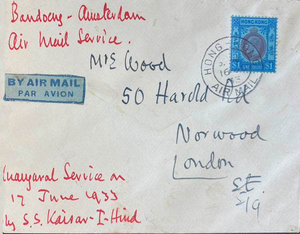 Courrier Honk Kong Singapour par bateau puis Singapour Mamsterdam par 1er vol  KLM