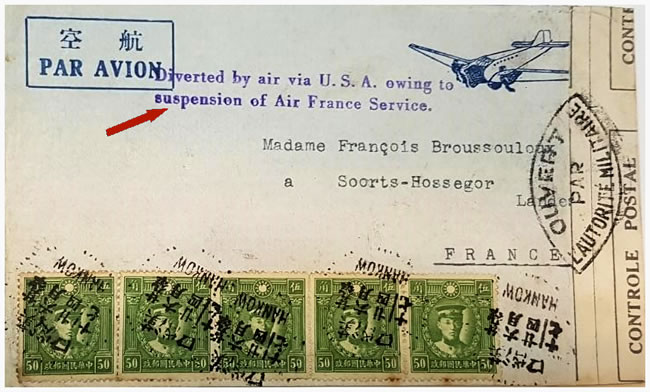 Lettre par avion devant prendre un vol Air France et détournée en juin 1940