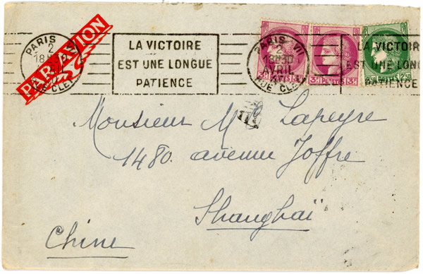 Lettre par avion de Paris à Shanghai avril 1940