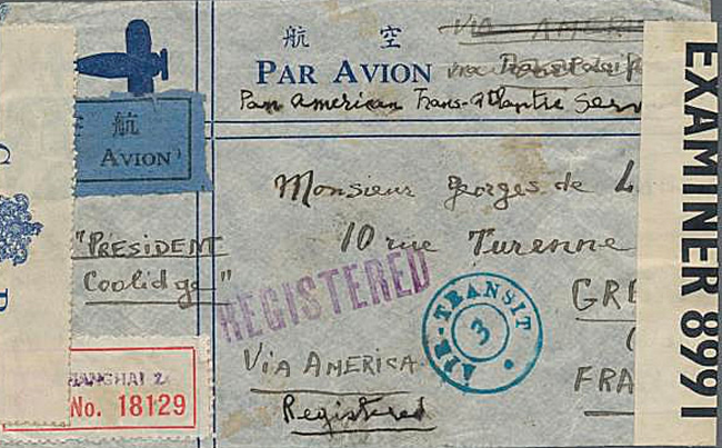 Lettre recommandée de Shanghai pour Grenoble par la voie maritime pacifique puis atlantique 1941