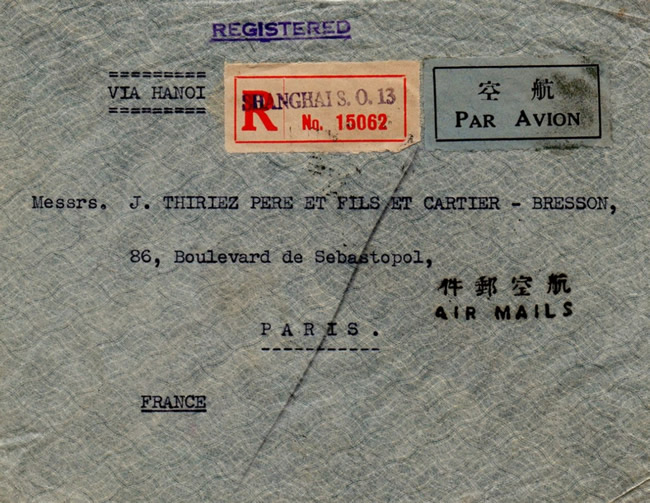 Lettre recommandée de Shanghai à Paris 1937
