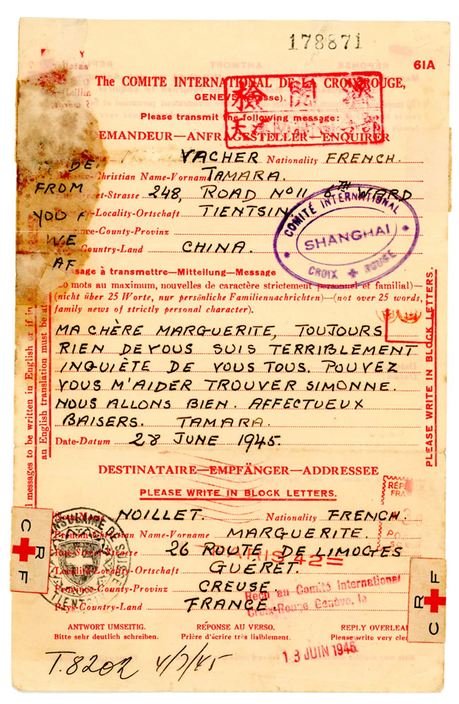 Message Croix-rouge papier en 1945 de Chine vers la France
