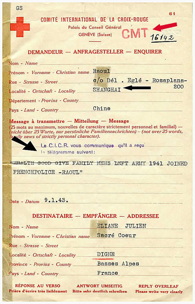 Message Croix-rouge télégraphié de Chine pour la France en 1943