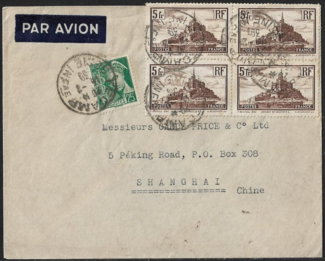 lettre affranchie en timbres du Mt St Michel pour Shanghai