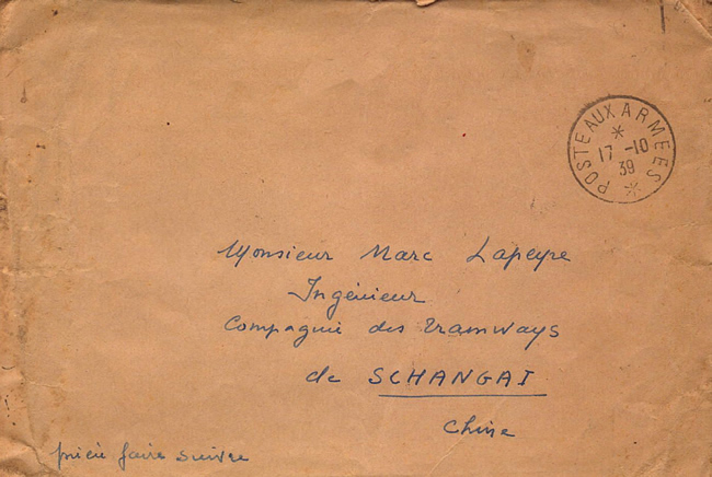 Lettre de France  oblitérée Poste aux Armées pour Shanghi et taxée à l'arrivée