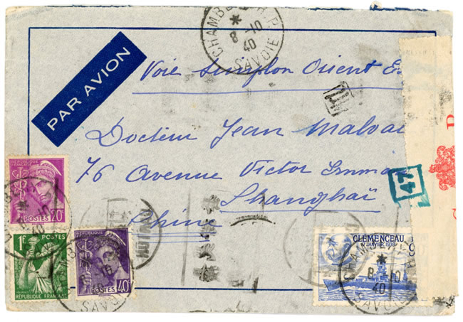 Lettre de France pour Shanghai par la KLM octobre 1940