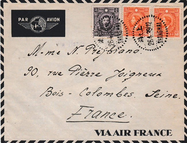 Lettre de Shaghai pour Bois Colombes par avion 1939
