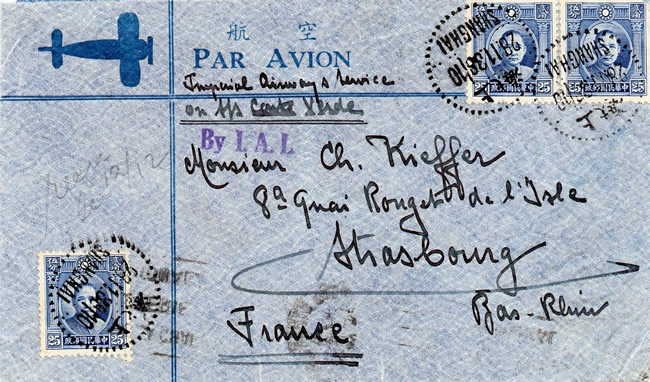 Lettre avion de Shaghai pour Strasbourg 1936