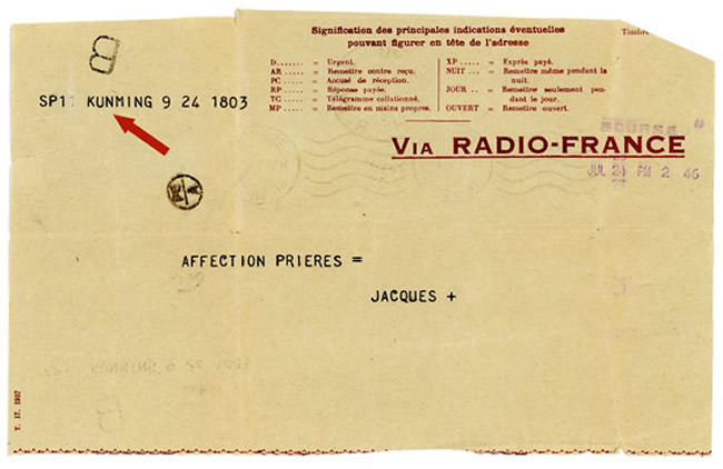 Télégramme Chine France par radio France