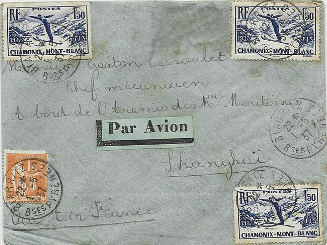 Lettre affranchie en timbres Chamonix pour Shanghai 1937 par avion