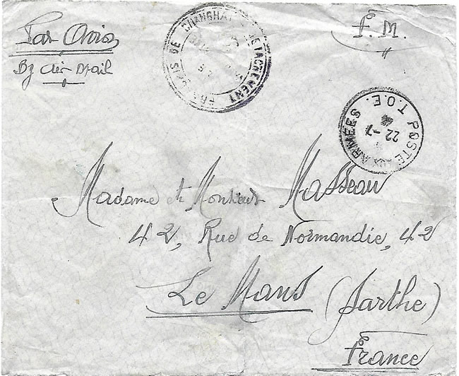 Lettre de Shanghai avec cachet TOE 1946