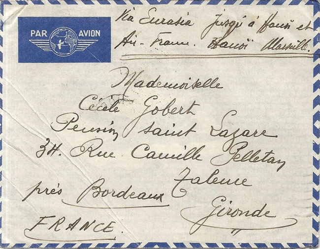 Lettre paravion de Yunnanfou pour Bordeaux 1938