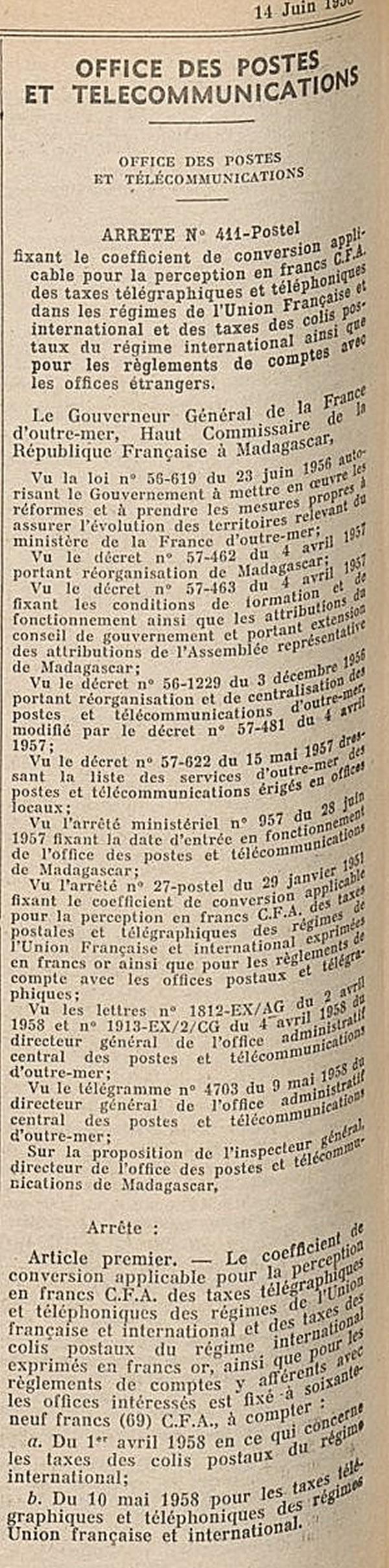 Conversion francs or francs CFA 1958