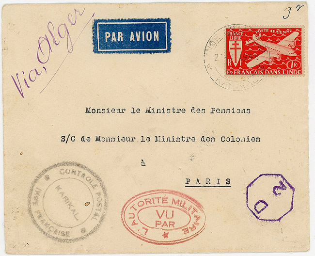 Lettre Karikal vers Paris via Algéer janvier 1945