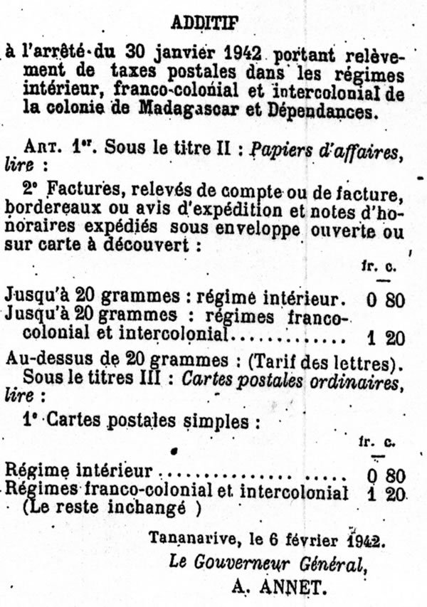 Additif au tarif du 10 février 1942