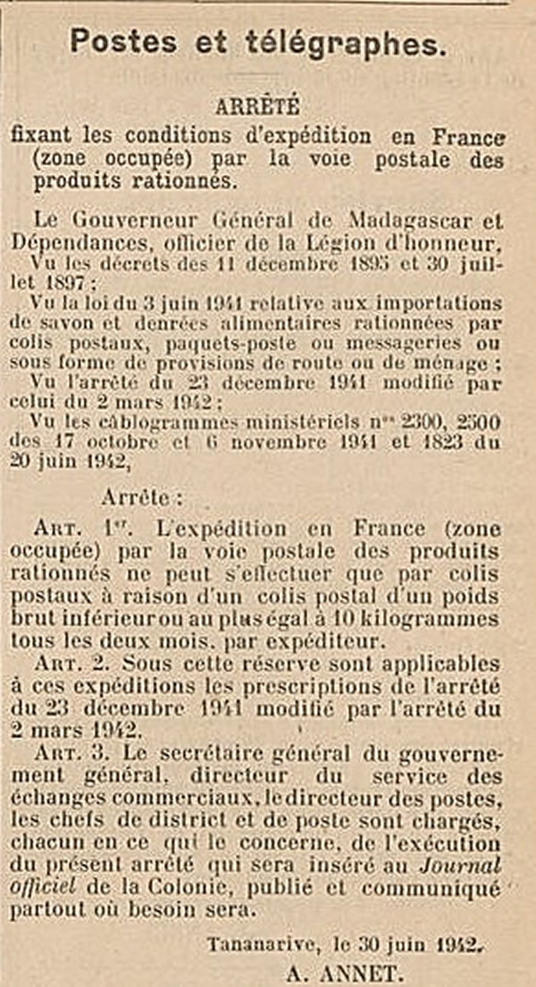 Envoi de produits rationnés de Madagascar vers la zone occupée