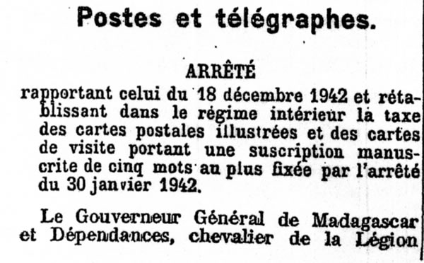 tarif interieur madagascar 15 septembre 1943