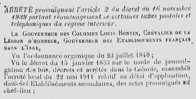 Taxes postales et téléphoniques pour l'intérieur établissemenst français dans l'Inde