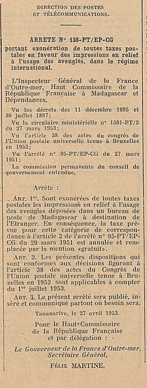 Tarif cecogrammes étranger 1953