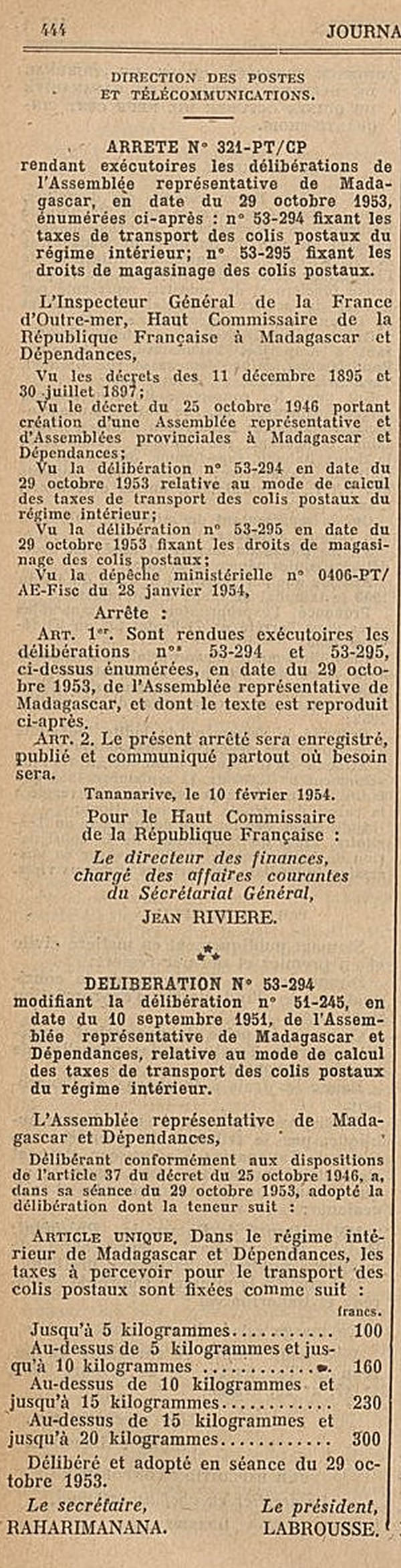 Tarif madagascar Colis Postaux 1954