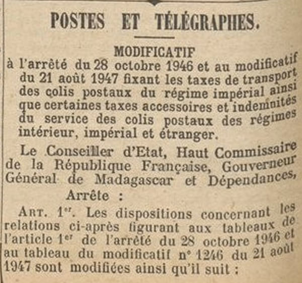 Colis postaux 22 11 1947 Madagascar