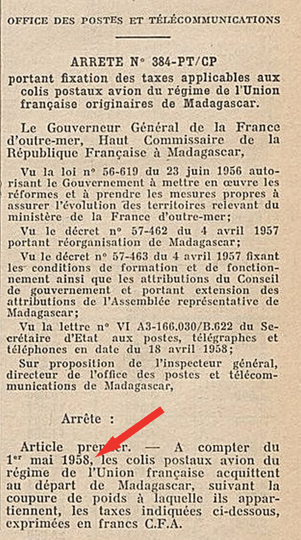 tarif colis postaux avion Madagascar 1er mai 1958