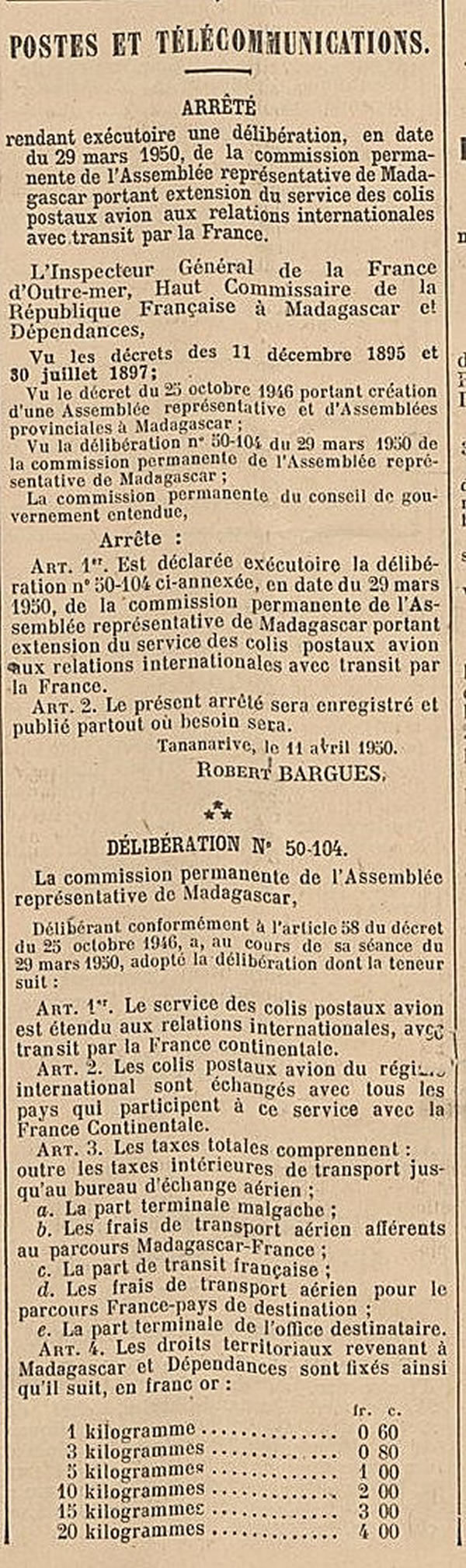 tarif colis avion pour l'étranger 11/4/50