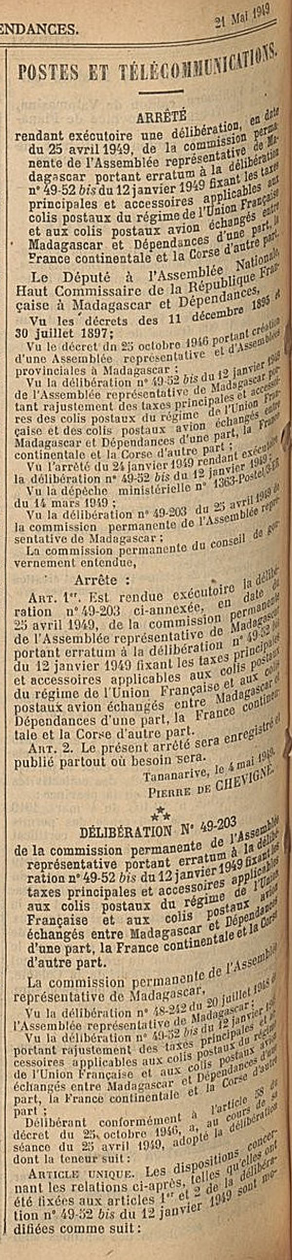 tarif colis postaux Union Française 4  mai 1949