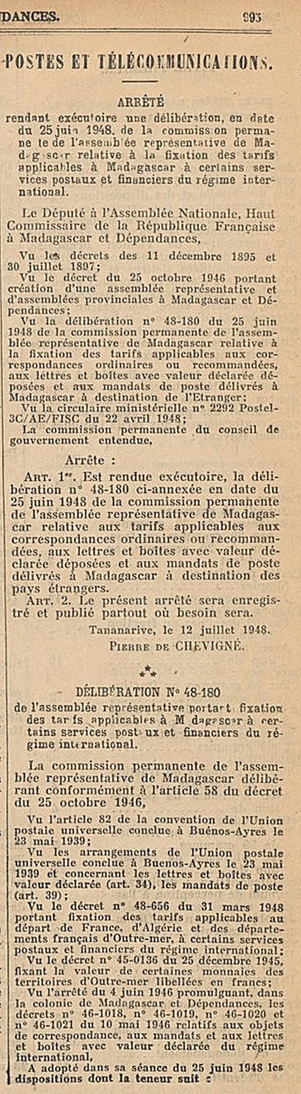 Tarif étranger Madagasacr 1er septembre 1948