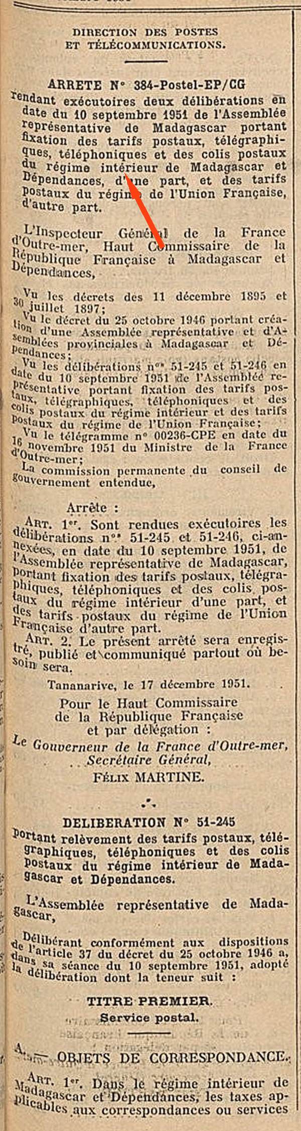 Tarif intérieur madagascar décembre 1951